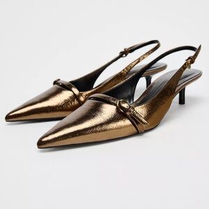 ZARA METALLIC EFFECT SLING BACK KITTEN HEELS